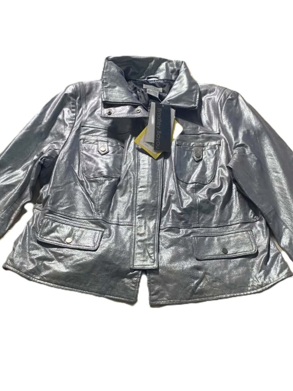 NWT Bradley Bayou 2X Metallic Silver Genuine Leather Utility Moto Jacket
